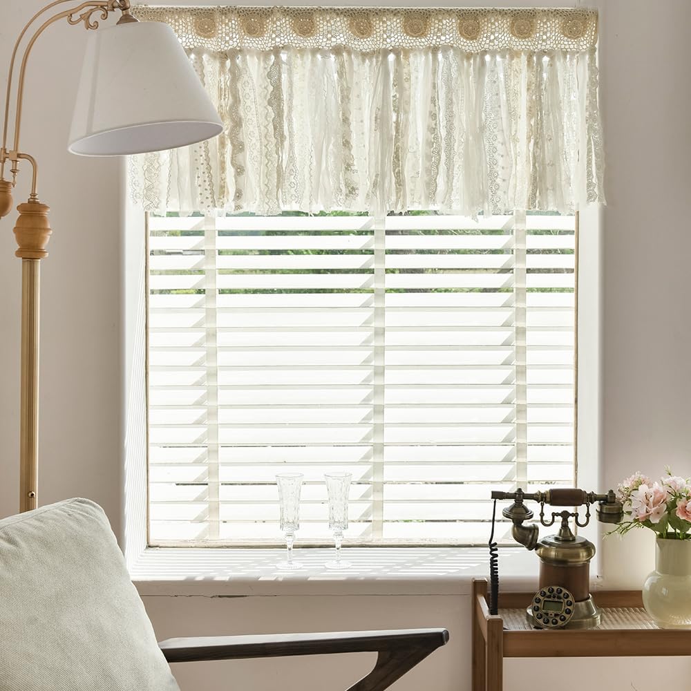Boho Valances for Windows Handmade Crochet Lace Valance Hollow Cafe Curtains 16 Inch Long Macrame Kitchen Curtain