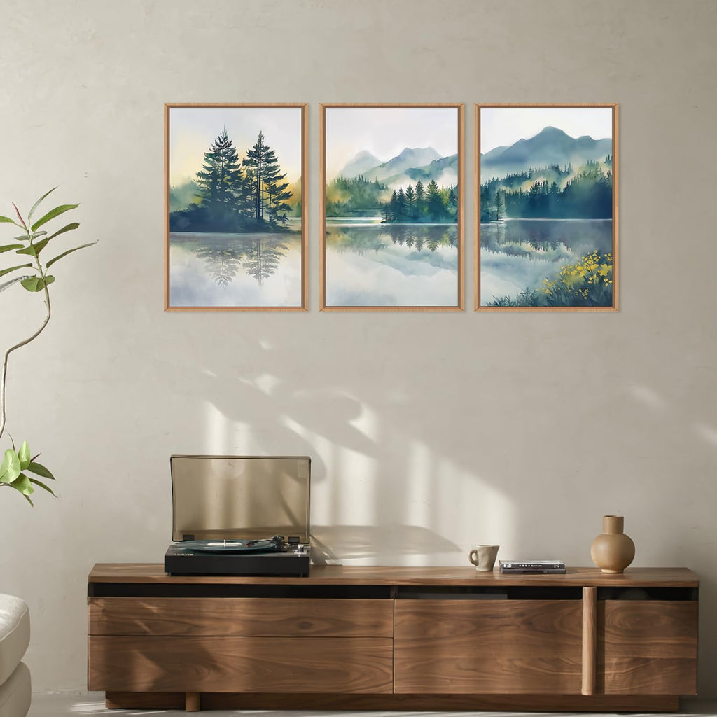 Large Green Mountain Framed Canvas Wall Art Set, Nature Foggy Forest Lake Reflection Wall Decor, Modern Pine Tree