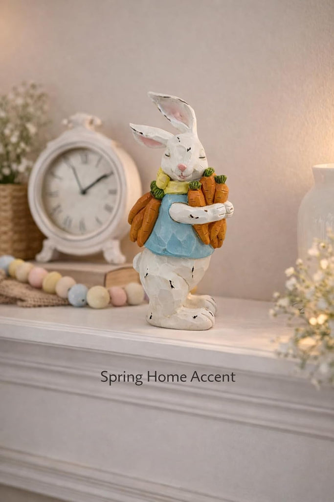 Easter Decorations Bunny Resin Figurine with Carrots - 9.3'' Hand-Painted Rabbit Outdoor Statue, Spring Farmhouse