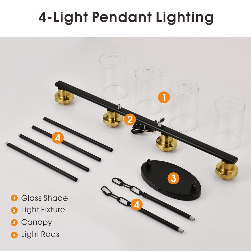 Island Lights, 4-Light Farmhouse Dining Room Light Fixtures Over Table, Matte Black and Gold Linear Chandeliers