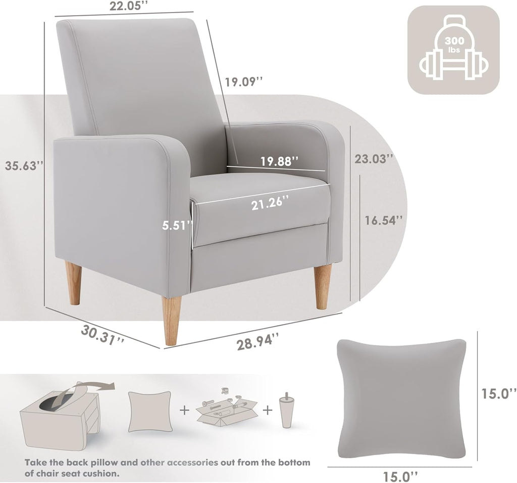 Mid-Century Modern Accent Chairs, Faux Leather Upholstered Living Room Chairs with Back Pillow & Solid Wood - Set of 2