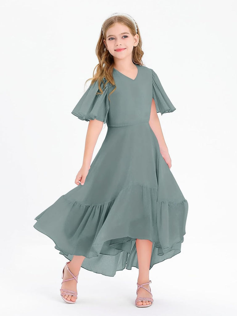 Girls Ruffle Dresses Short Sleeve Junior Bridesmaid Party Dress