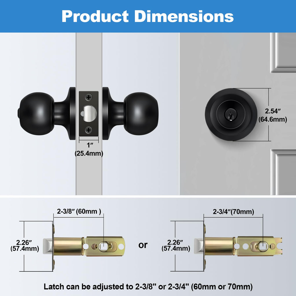 5 Pack Door Knob with Lock and Key, Keyed Different, Matte Black