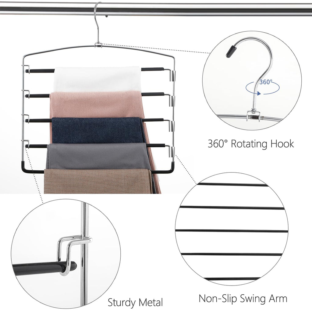 Pants Hangers Non Slip 3 Pack Space Saving Hangers Multi-Layer Swing Arm Pants Hanger Stainless Steel Space Saver