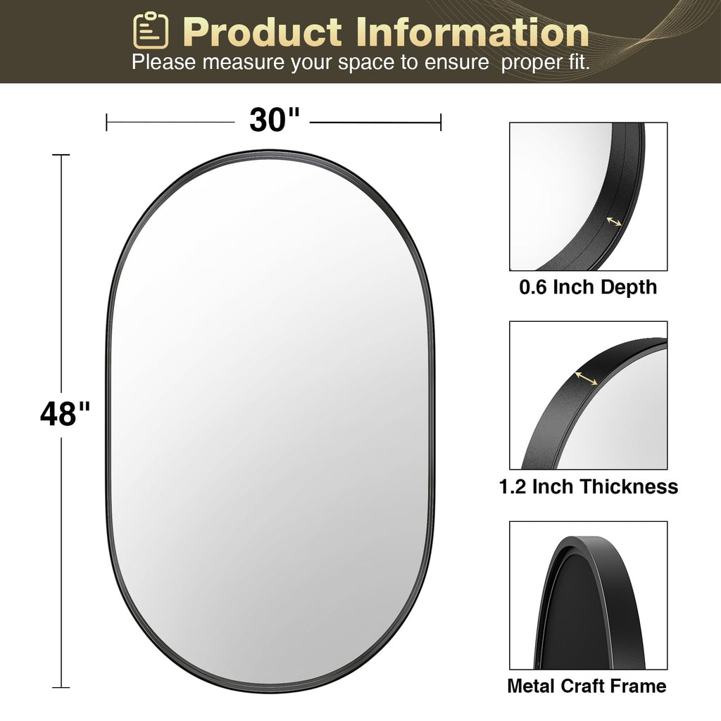 Black Oval for Wall, 48"x30" Bathroom Vanity Mirrors with Metal Framed, Modern Large Living Room Wall Decorative Hang