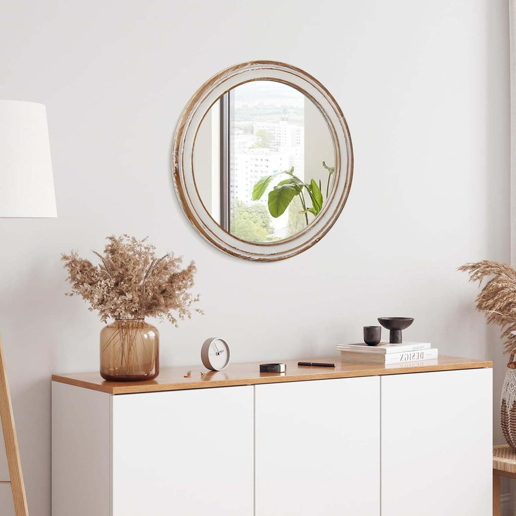 Round Wall Mirror with Distressed Wood Frame, Rustic Farmhouse Style, Ideal Decor (35.43x35.43)