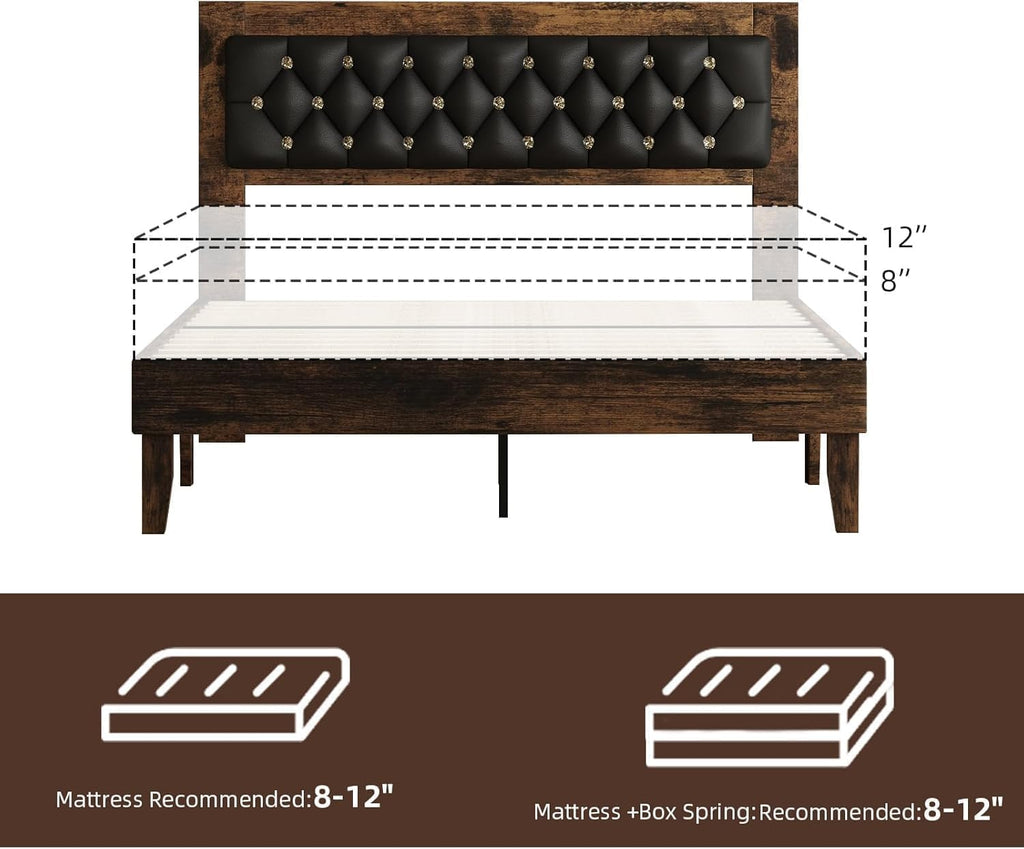 Wood Bed Frame with Diamond Tufted Headboard, Walnut