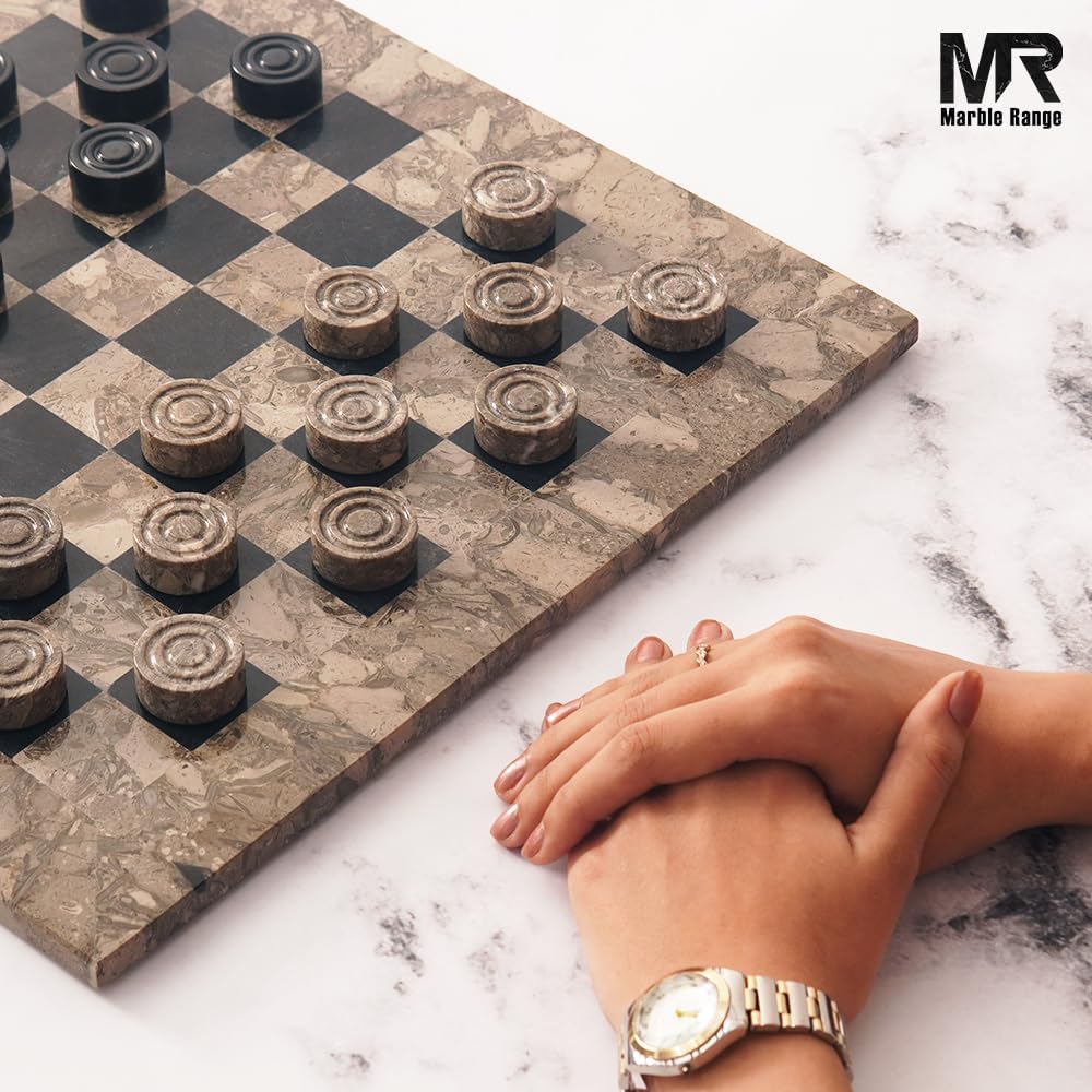 Marble Checkers Board Game 15 Inches Oceanic and Black Handmade 2-Player Tournament Checker Set, Board Game Set - Set of 33
