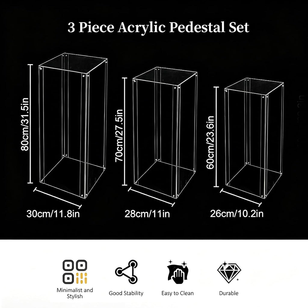 Acrylic Square Pedestal Stand for Party, Clear Cake Pedestal Stand - Set of 3