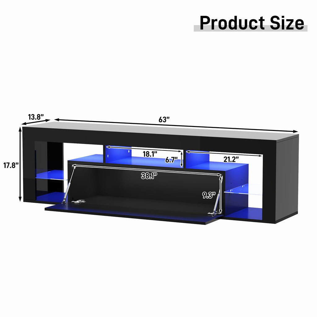 63" Floating High Gloss LED for 75" TVs, Wall-Mounted Entertainment Center, Modern Media Console with Open Adjustable