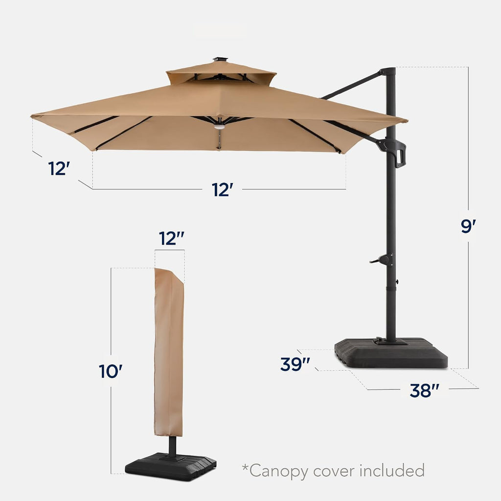 12x12ft LED Cantilever Patio Umbrella w/Base Included & 360° Rotation - Tan