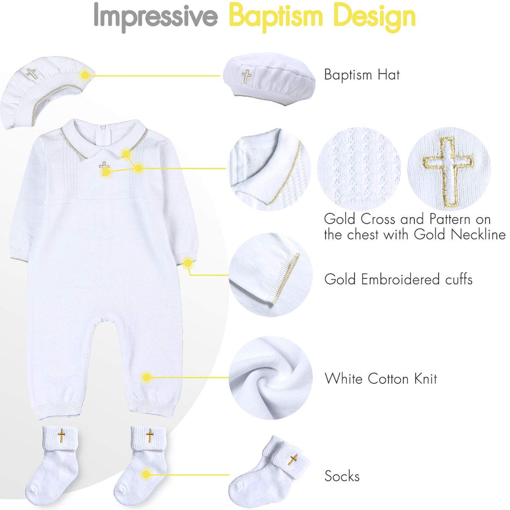 Baby Boy Baptism Outfit with Hat Christening Outfit-Cross Detail - Pure White
