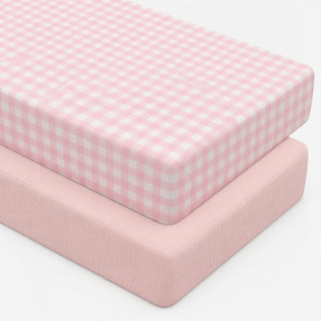 2 Pcs Muslin Pink and Pink Gingham Crib Sheets for Girl, 52"X 28"