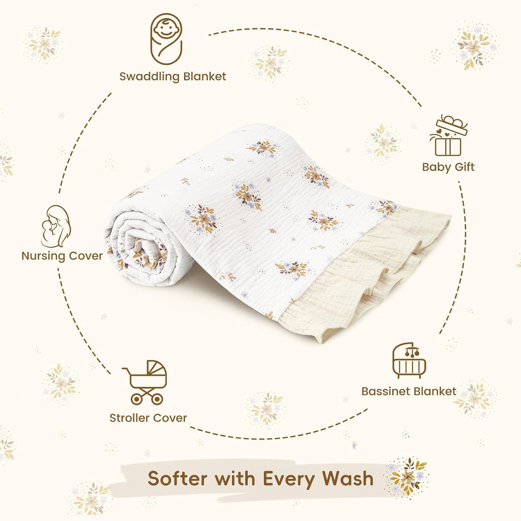 Muslin Baby Blanket for Girls, 100% Organic Cotton Ruffle Swaddle Blanket, Large 47''x47'', Ultra Soft Reversible &