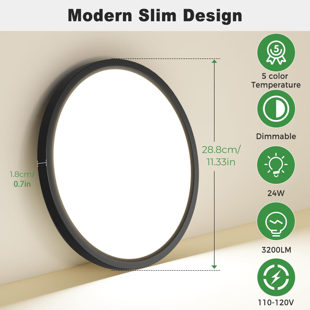 4Pack LED Flush Mount Ceiling Light, 12 Inch 24W Dimmable Round Ceiling Fixture, Black Low Profile Hardwired Ceiling