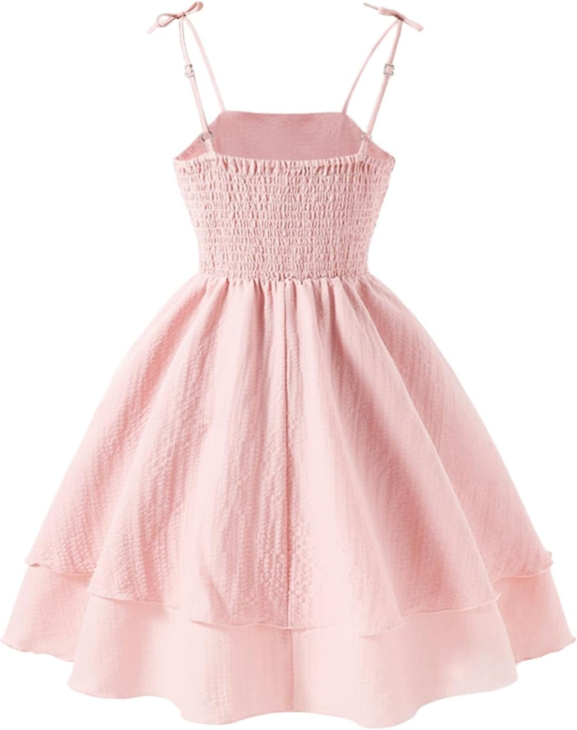 Girls Spaghetti Straps Smocked Ruched A Line Swing Dress Flowy Double Layered Tween Girl Party Dresses