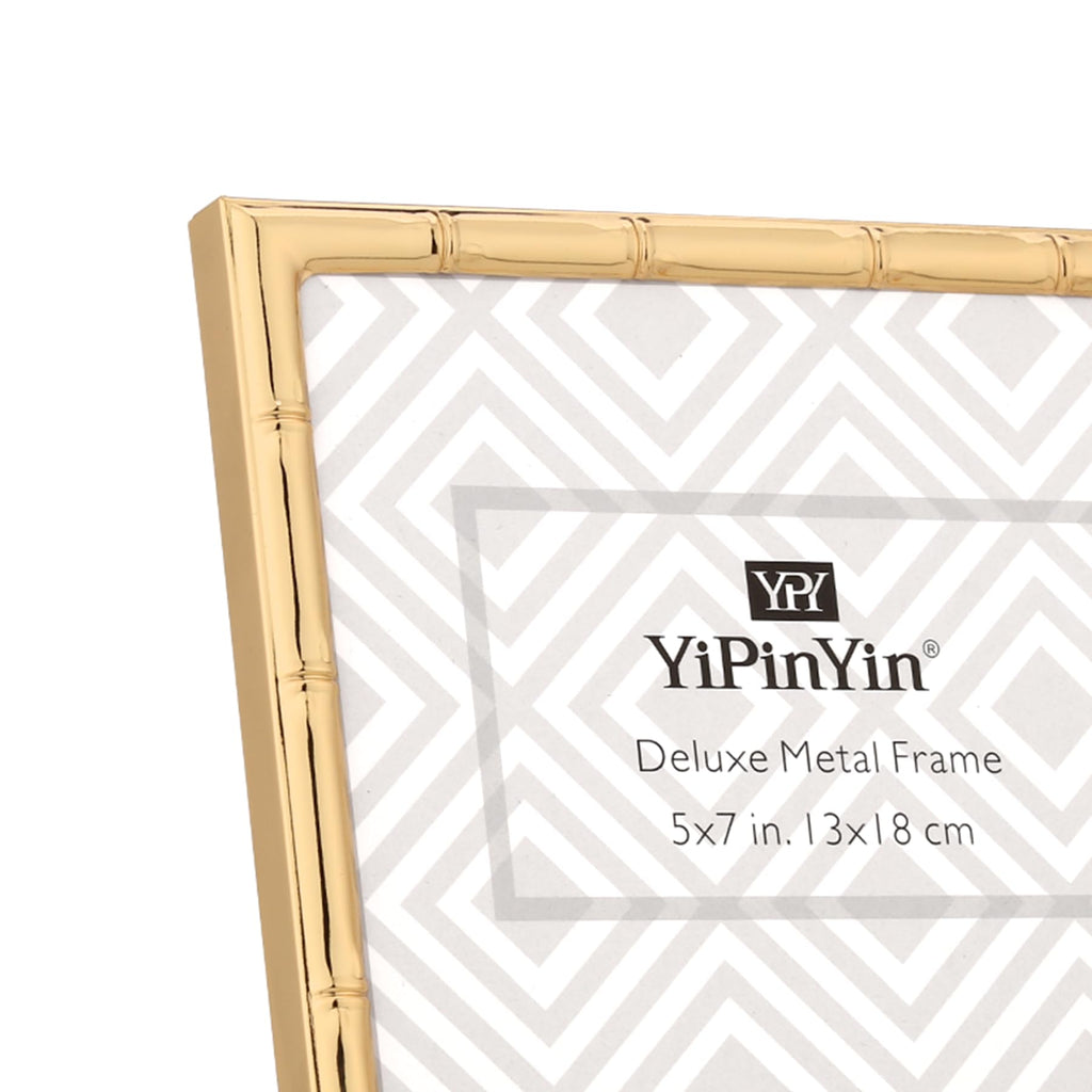 8x10'' Bamboo Detail Gold Metal Picture Frame with Acid Free Mat for 5x7'' Set of 2, Narrow Gold Plated Photo Frames 5