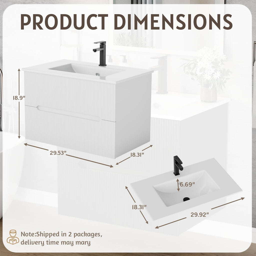30" Floating Bathroom Vanity with Ceramic Sink - Wall Mounted Vanity Cabinet