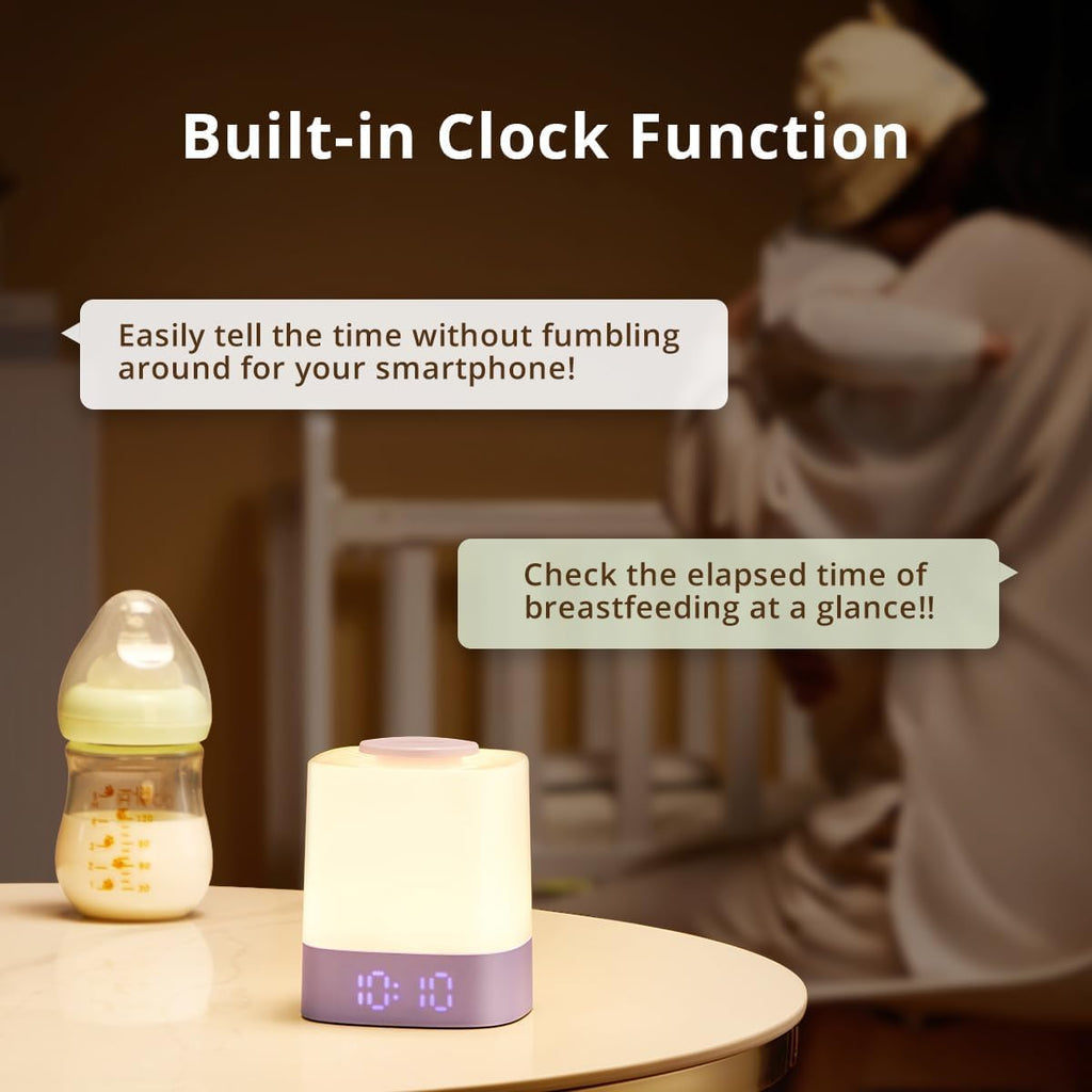 LED Nursery Night Light with Clock, Rechargeable Table Lamp, Purple