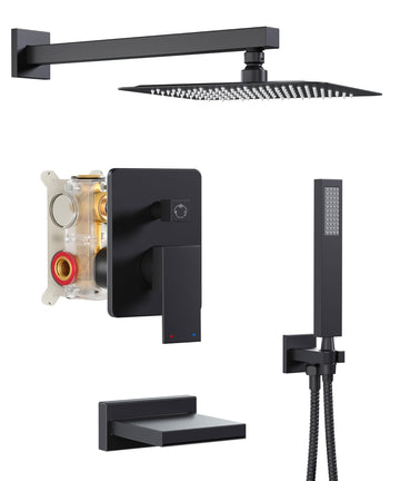 Black Tub Shower System with 10" Rain Head, Handheld & Valve Kit
