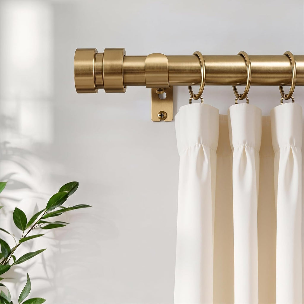 Warm Gold Curtain Rods with Solid Metal Finials 48 to 84 Inches Adjustable Heavy Duty 1 Inch Brass Curtain Rod for