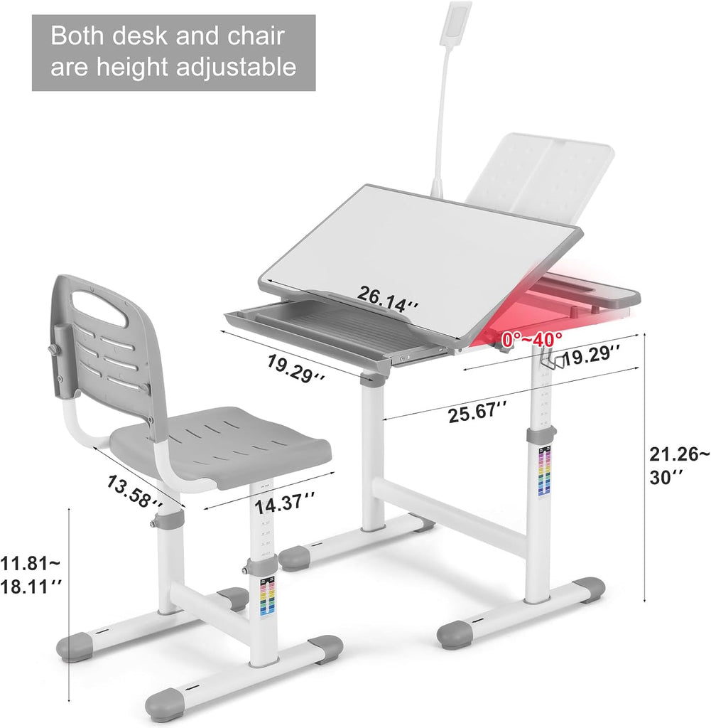 Height Adjustable Kids Desk and Chair Set with LED Light,Drawer