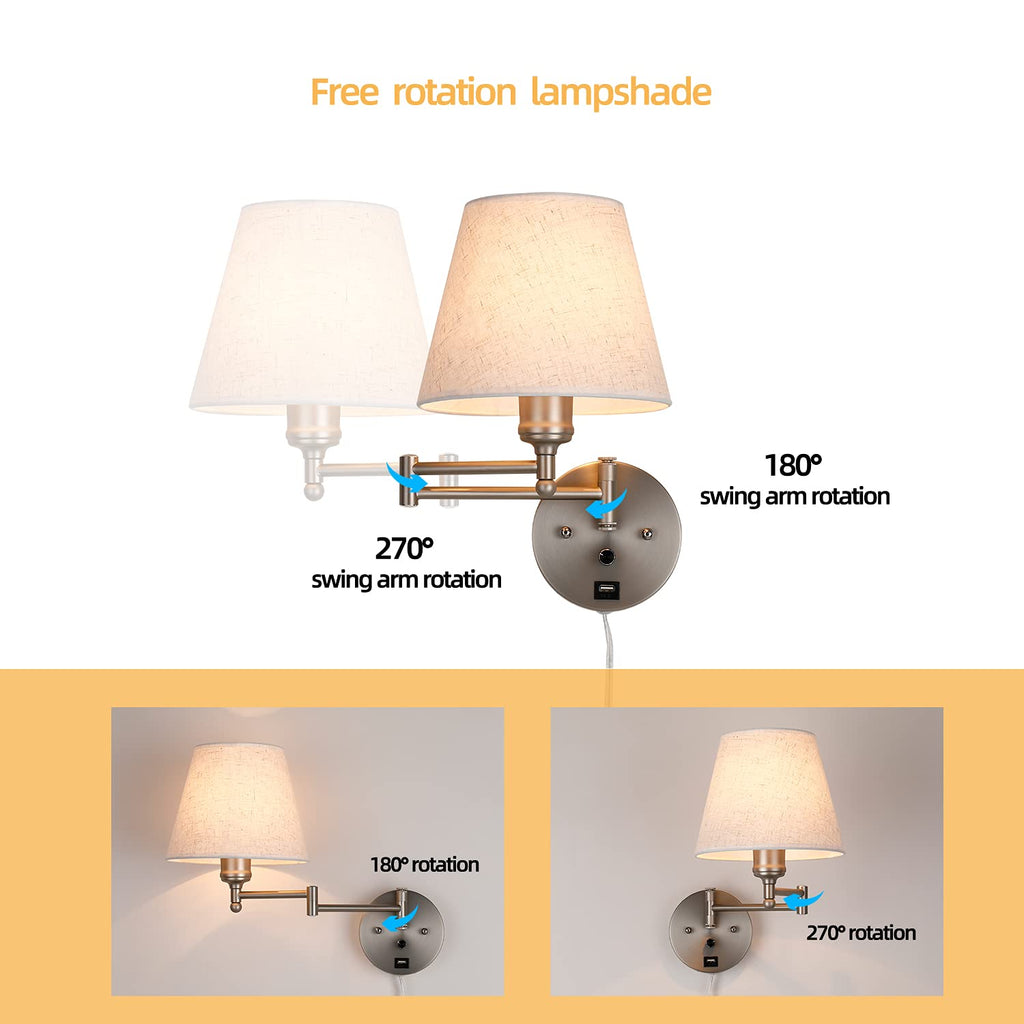 Swing Arm Wall Lamp Wall Mount Lamp with Cord Plug in Wall Sconce Lighting with Dimmable On Off Switch Wall Light