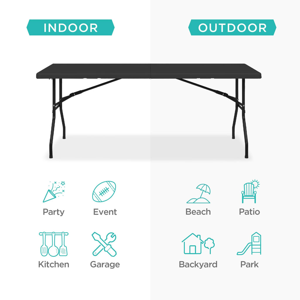 6ft Plastic Folding Table, Indoor Outdoor Heavy Duty Portable w/Handle, Lock for Picnic, Party, Camping - Black