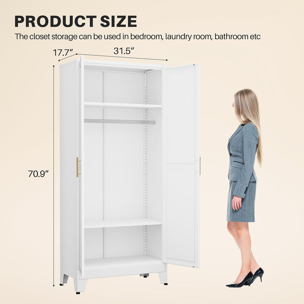 Metal Armoire Wardrobe Closet, 71" Clothing Storage Cabinet with Mirror