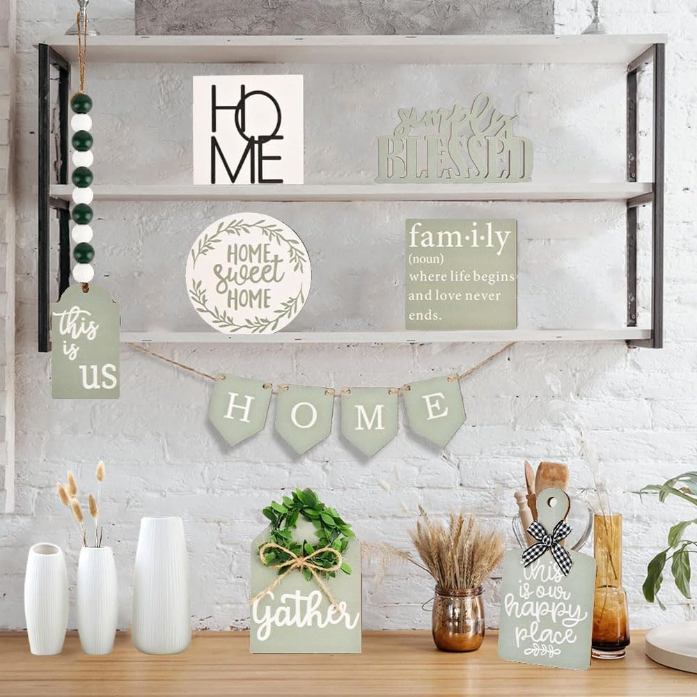 Farmhouse Tiered Tray Decor Set - Rustic Wooden Mini Signs and Decorations and Kitchen Display (Tiered Tray Not - Set of 11