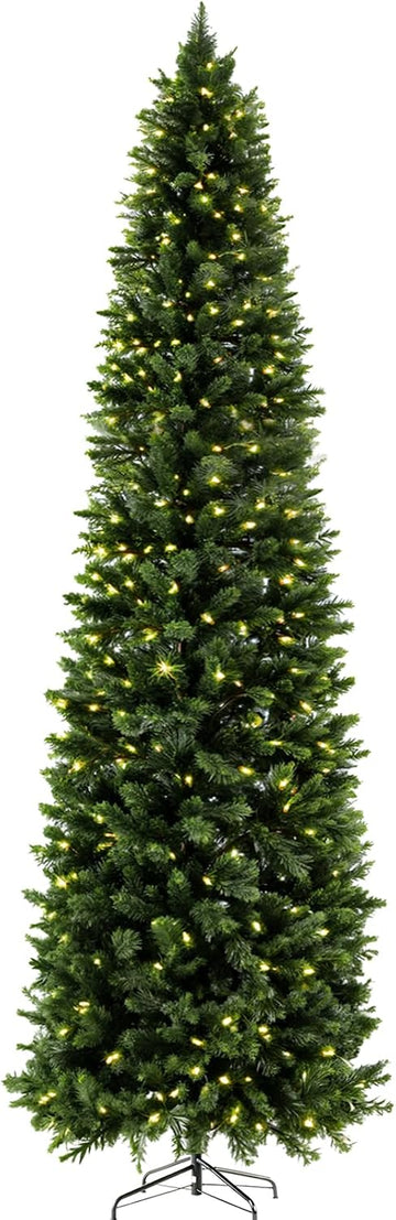Pre-lit Pencil Christmas Tree, Green Artificial Spruce Slim Christmas Trees with 500 Incandescent Lights, 1100