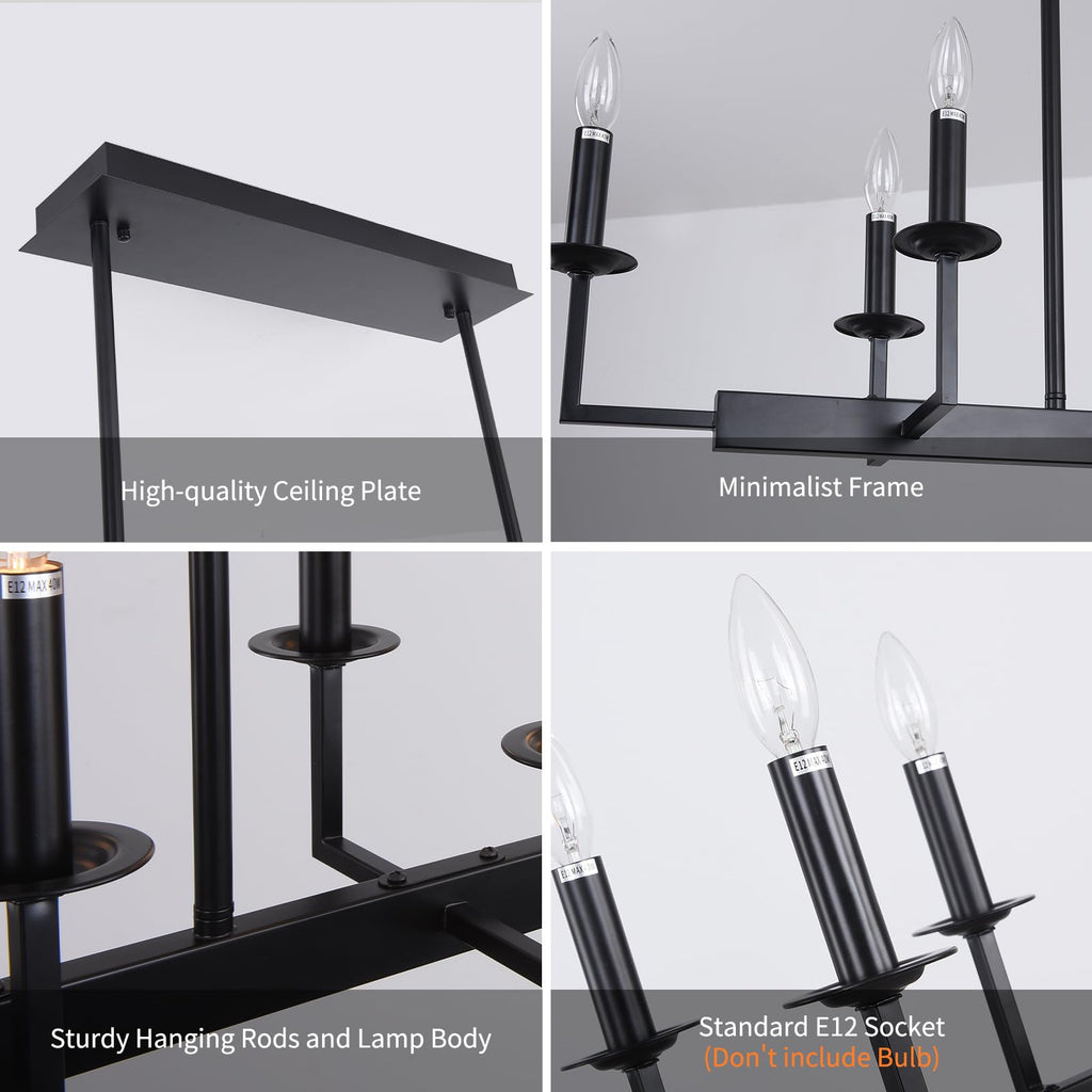 Rustic Black Linear Chandelier,Extra Long Candle Chandelier,Black Light Fixture Living Room Kitchen Island
