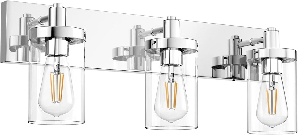 Chrome Vanity Light 3 Light Farmhouse Bathroom Lights Fixtures Over Mirror with Clear Glass Shade(Exclude Bulb)