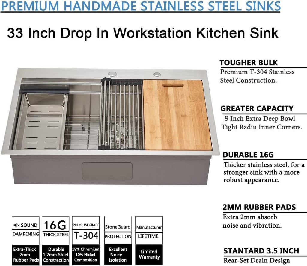 33x22 Inch Drop Sink Workstation, 33 Inch All In One SUS304 Stainless Steel Top Mount Single Bowl Overmount Double