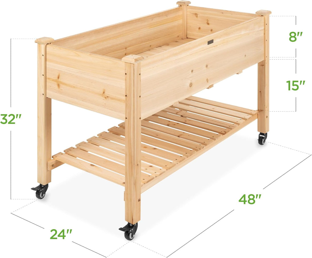 Raised Garden Bed 48x24x32-inch Mobile Elevated Wood Planter w/Lockable Wheels, Storage Shelf, Protective Liner