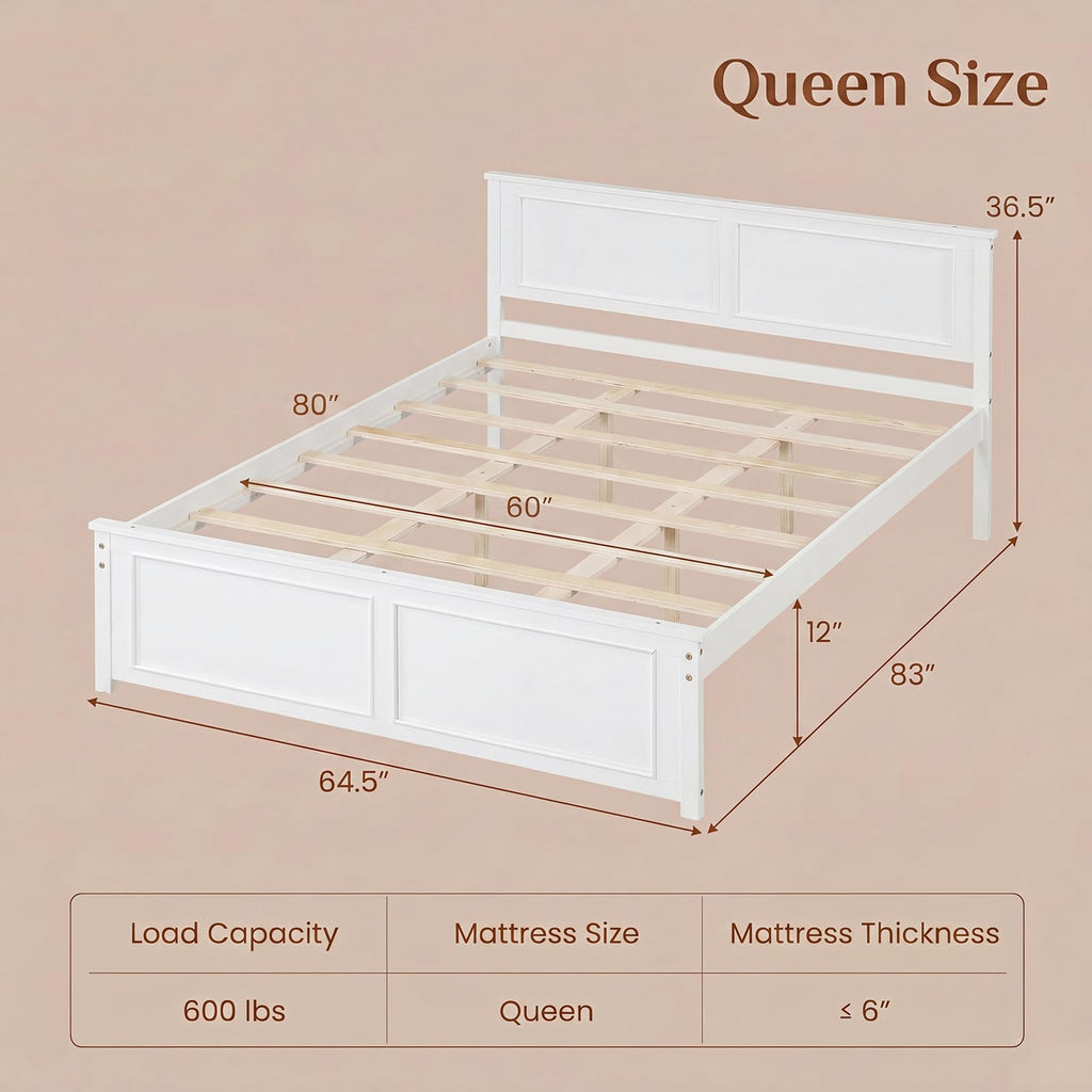 Queen Bed Frame, Farmhouse Wooden Platform Bed with Headboard