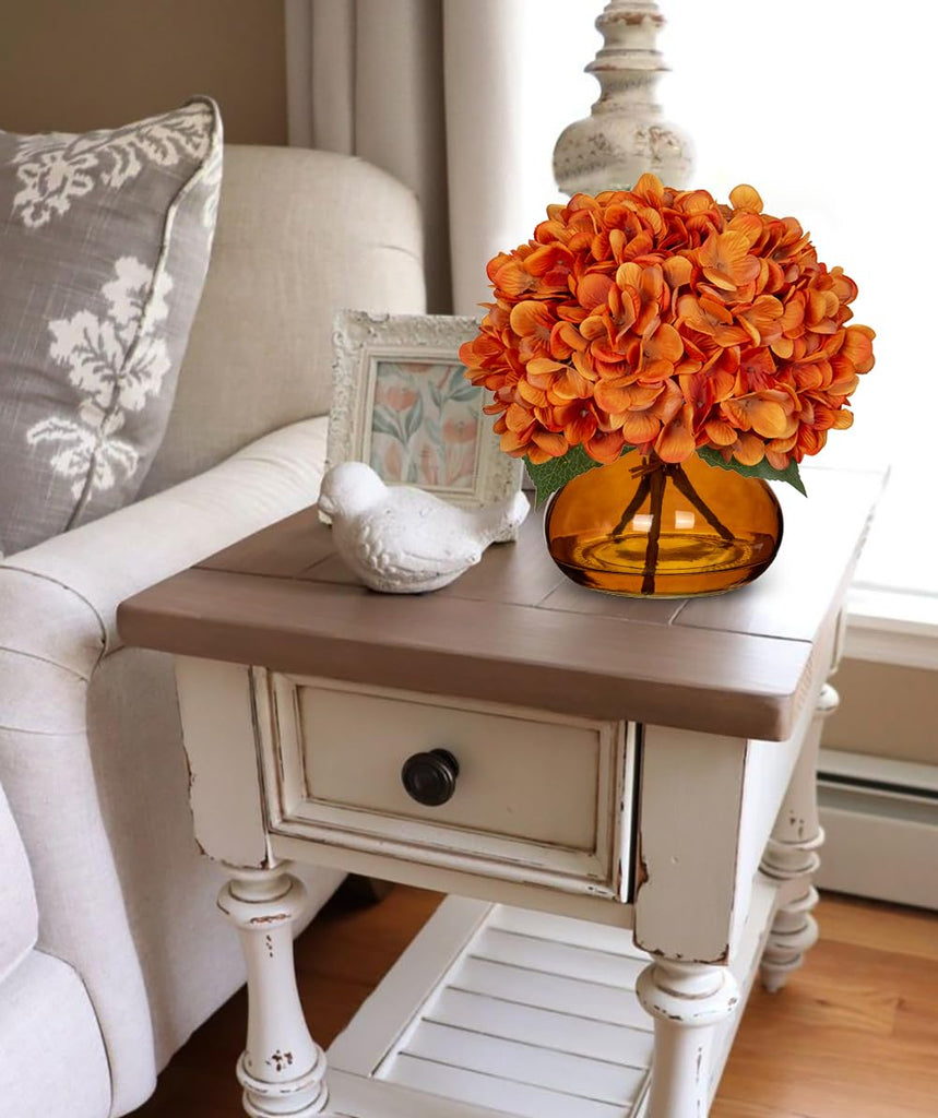 Orange Fall Hydrangeas with Vase Indoor Faux Fall Artificial Decor Silk Fake Arrangements in Glass Vase Autumn
