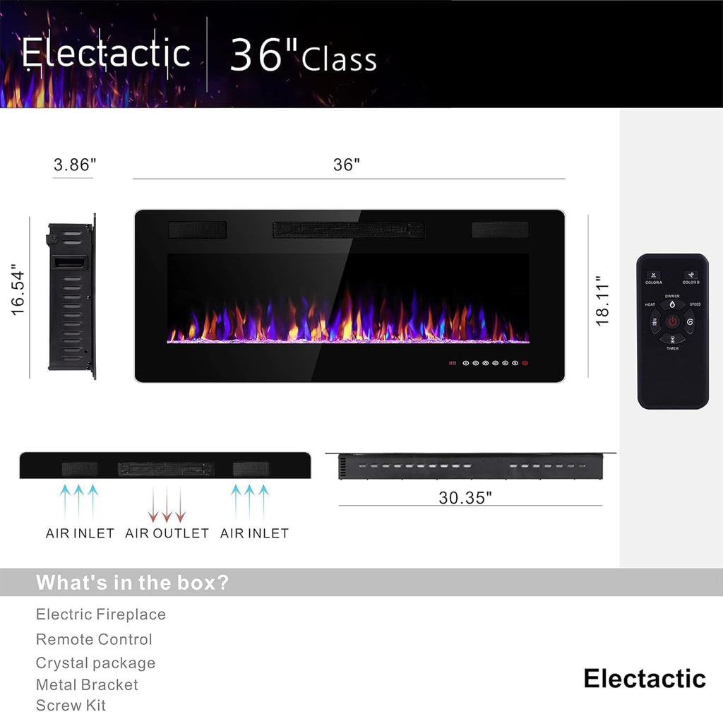 36 Inch Electric Fireplace Insert Ultra-Thin - Recessed & Wall-Mounted Fireplace Heater with Thermostat, Adjustable