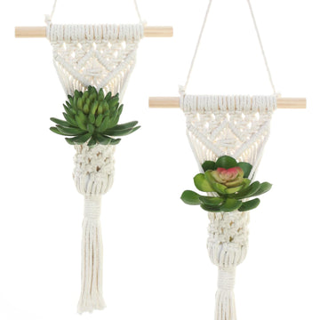 Macrame Wall Hanging Plant Holder with Artificial Succulent, Natural Cotton with Wood Dowel, Boho Wall Decor, Hanging