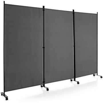 3 Panel Folding Room Divider with Wheels, 103" x 71", Gray
