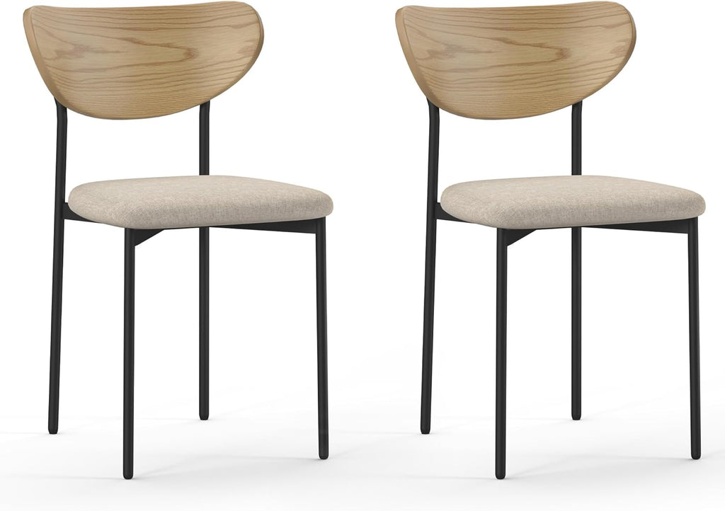 French Retro Fabric Dining Chairs Set of 2, Upholstered Linen Chairs with Round Back and Distressed Wood Frame for Dining Room or Living Room, Dark Beige