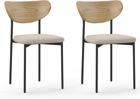 French Retro Fabric Dining Chairs Set of 2, Upholstered Linen Chairs with Round Back and Distressed Wood Frame for Dining Room or Living Room, Dark Beige