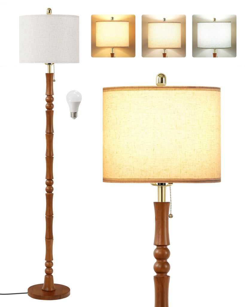65" Vintage Wood Floor Lamp with Pull Chain, 3CCT, Walnut