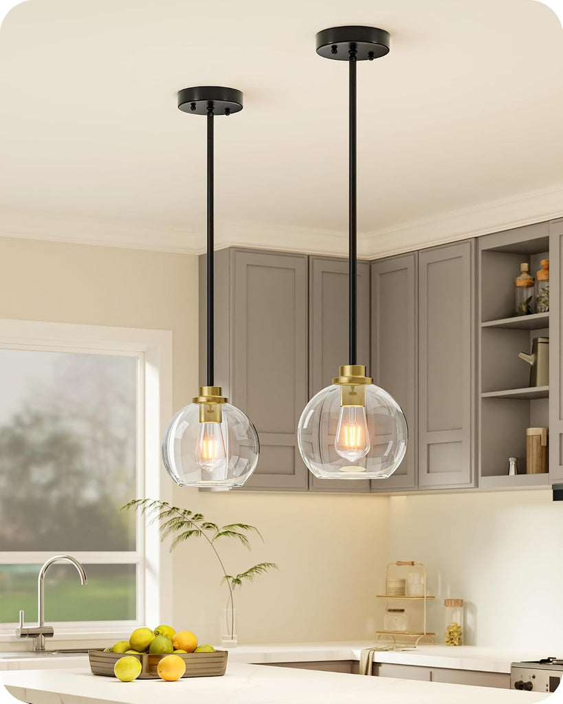 Mid Century Kitchen Pendant Lighting Over Island 2 Pack, Clear Glass Globe Shade, Hardwired Black and Gold Adjustable