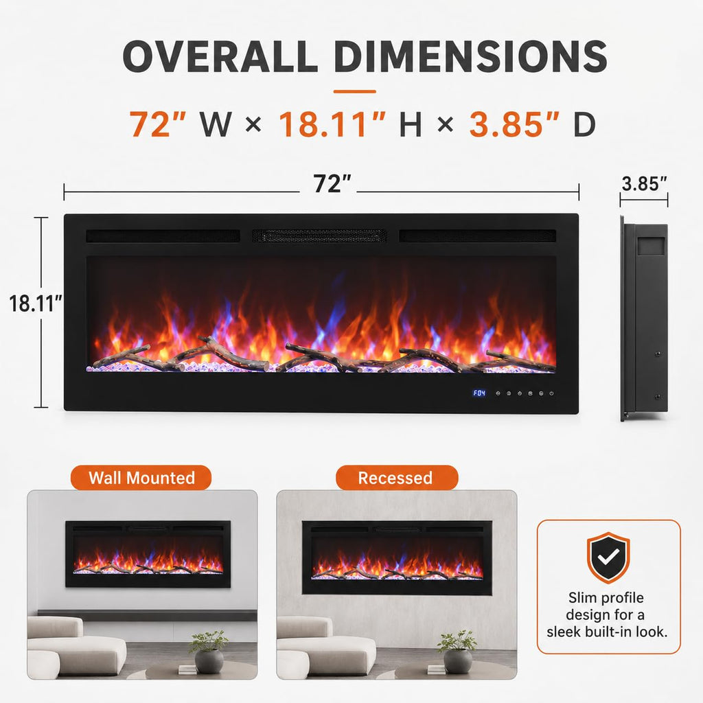 72 in Electric Fireplace, Recessed/Wall Mounted Linear Fireplace with WiFi & Remote Control, Multicolor Flame Effect