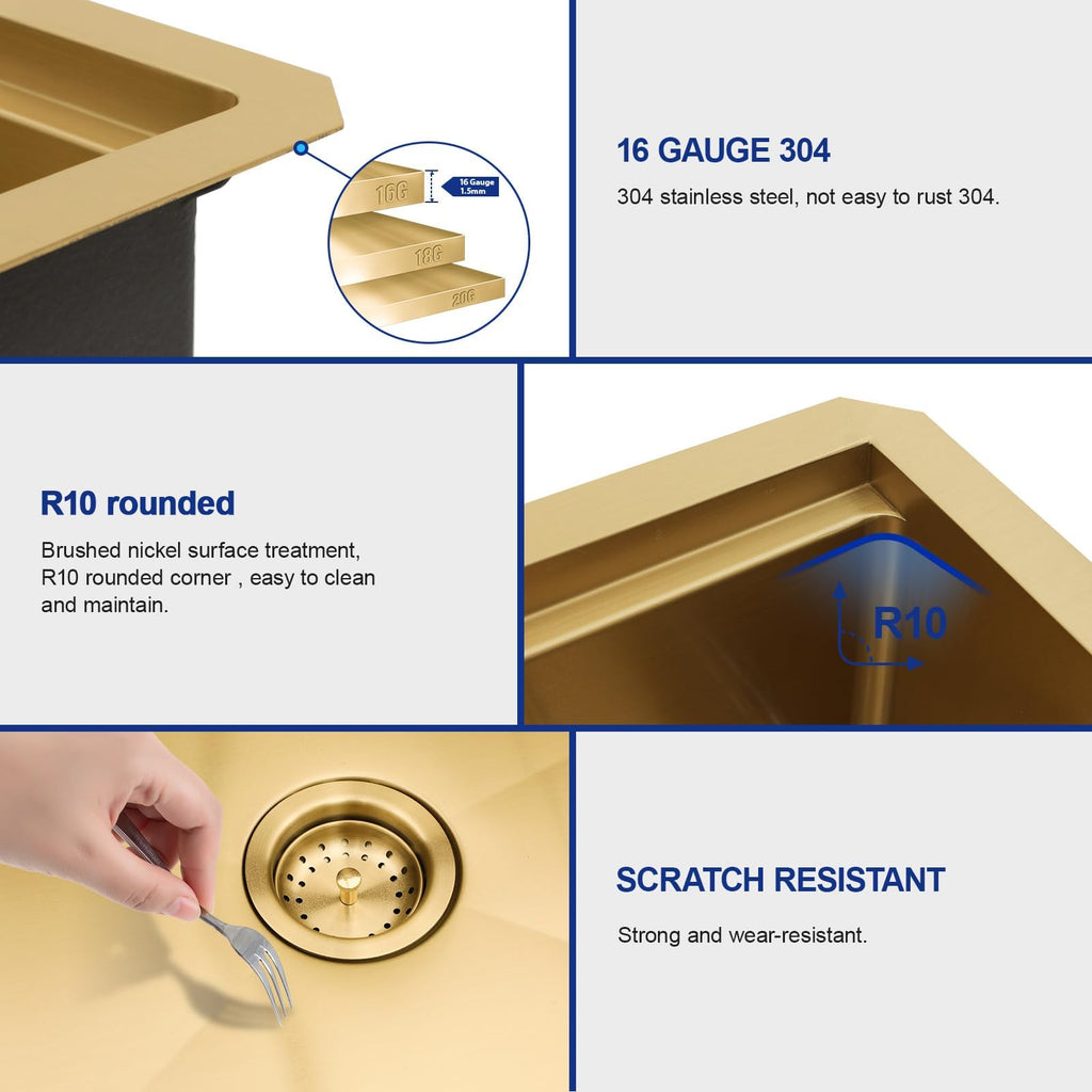 36"x19" Gold Undermount Kitchen Sink Workstation