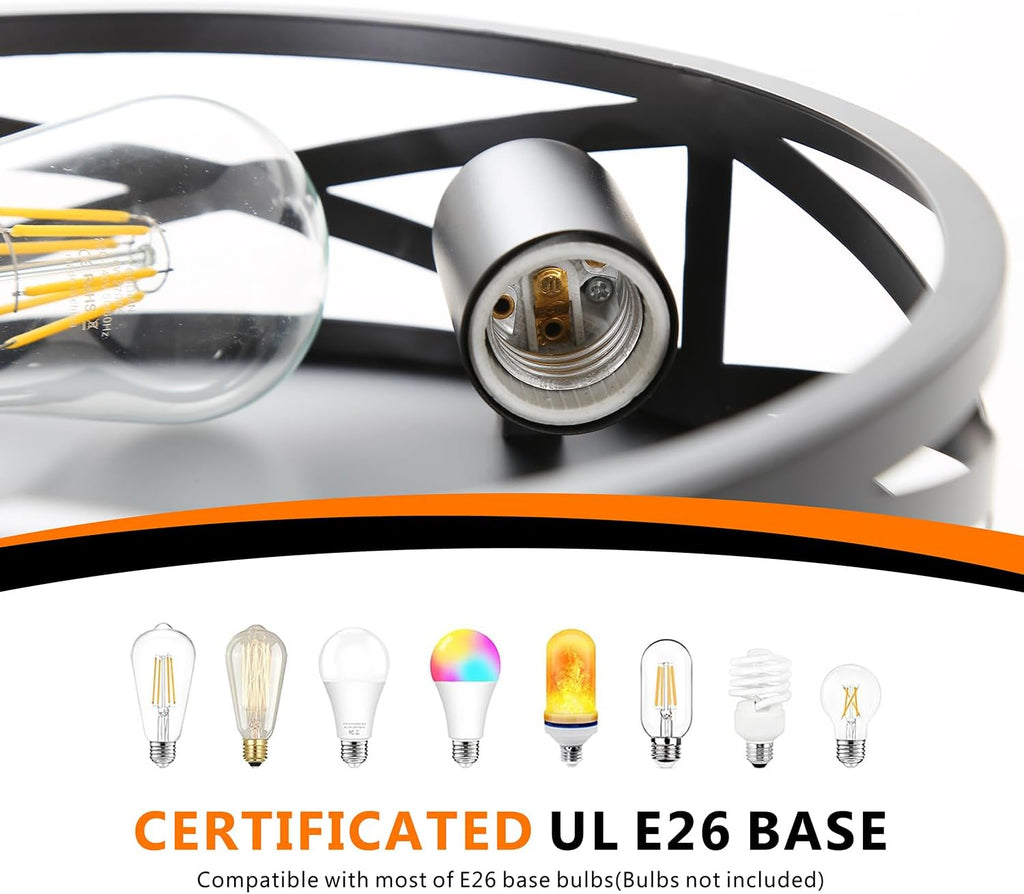 Farmhouse Flush Mount Ceiling Light 12 Inch E26 3-Light Large Black Anti-Rust Metal Cage Close to Ceiling Lamp for