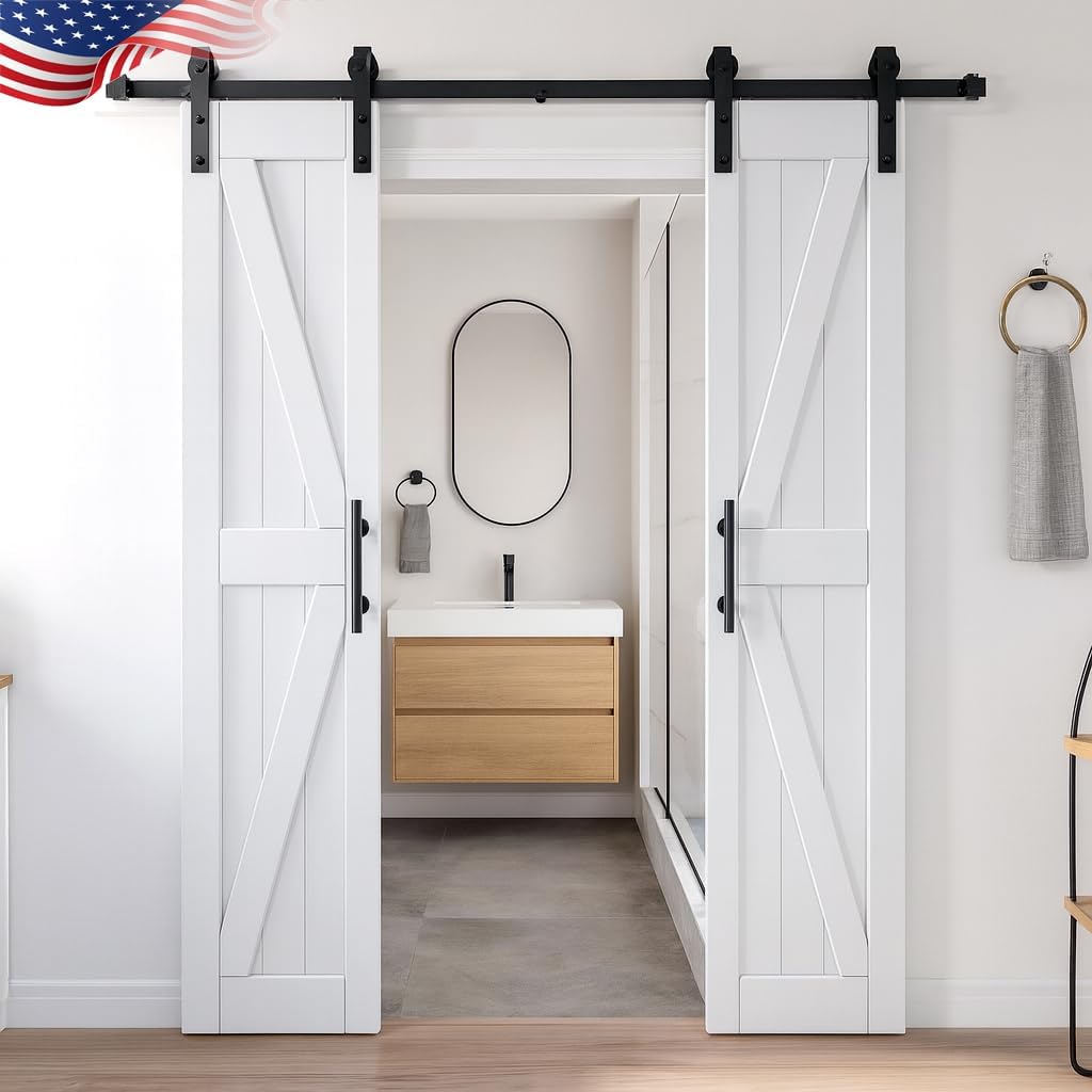 18in x 84in MDF Double Barn Door with 6FT Sliding Door Hardware Kit, Solid Barn Door Slab Covered wi