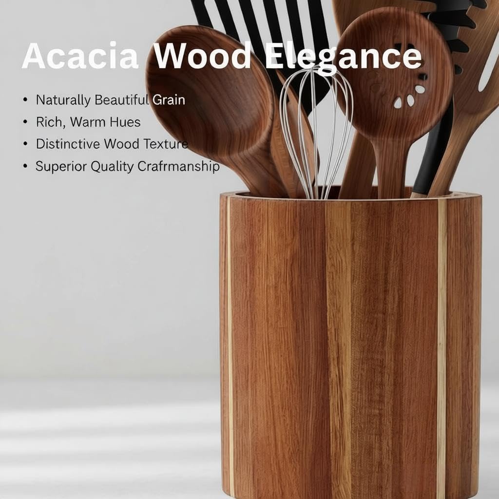 360° Rotating Acacia Wood Kitchen Utensil Holder, Large Capacity Countertop Cooking‐Tool Organizer with Non‐Slip Base