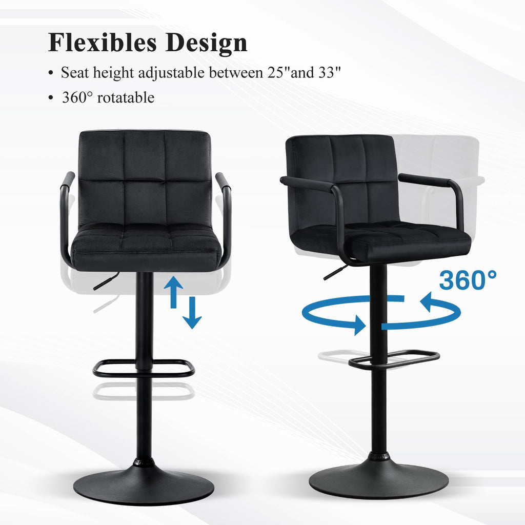 Adjustable Barstools with Back, Black bar stools Set of 2, Velvet 360°Swivel Bar Stools, Double Stitching Counter